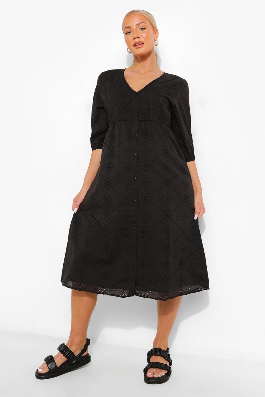 Black Maternity Button Down Broderie Midi Dress image number 1