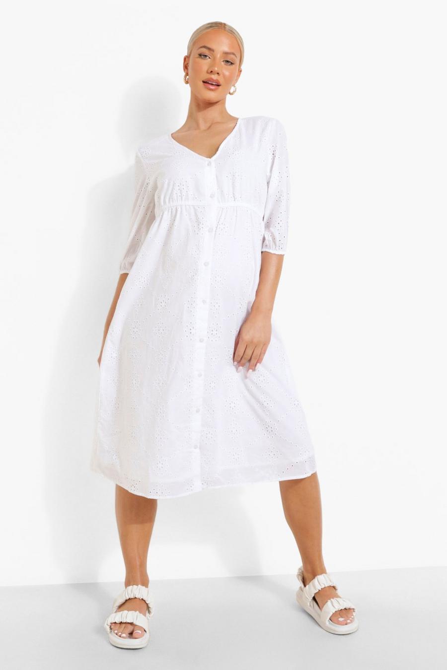 White Maternity Button Down Broderie Midi Dress image number 1