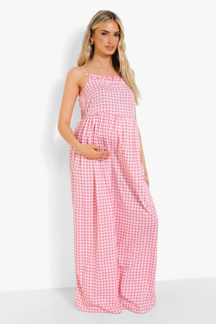 Maternité - Robe longue à bretelles et carreaux, Pink image number 1