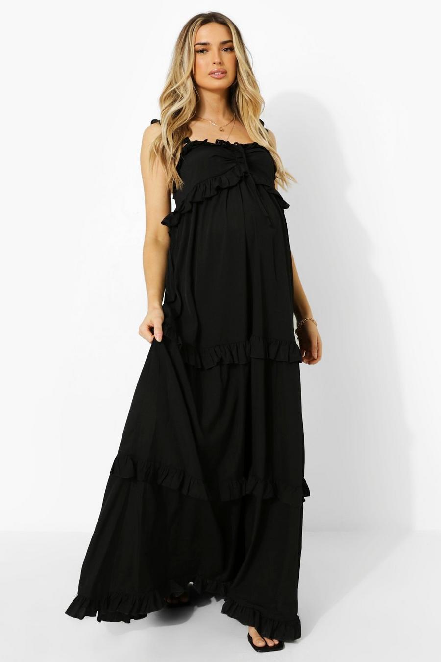 Black svart Maternity Frill Shoulder Maxi Dress