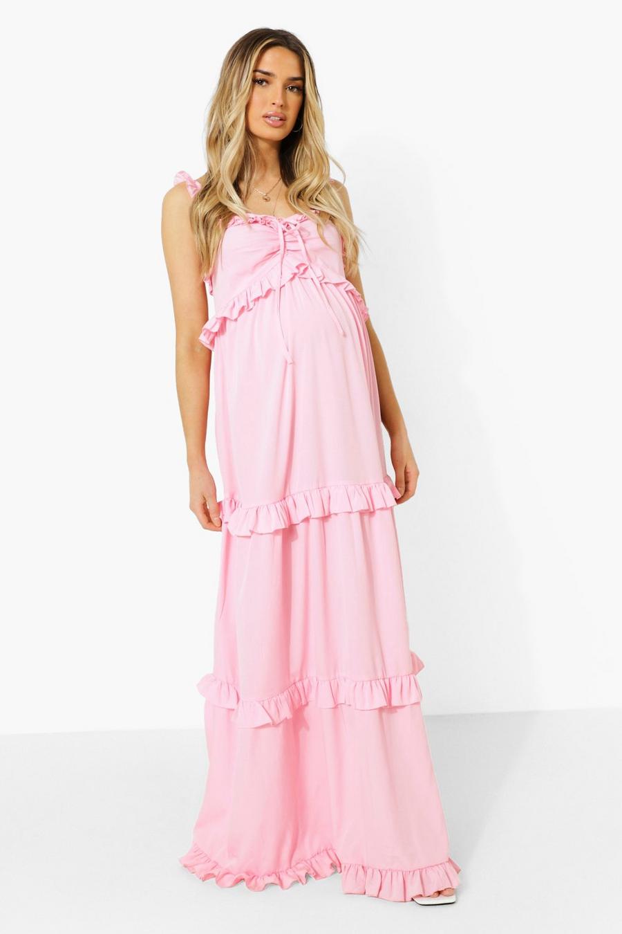 Pink Maternity Frill Shoulder Maxi Dress