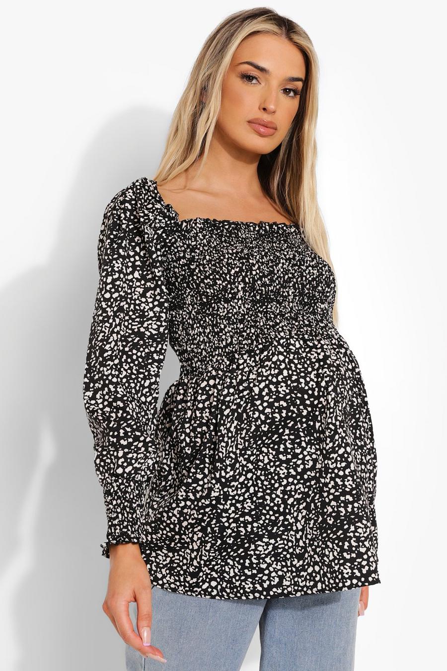 Black Maternity Floral Shirred Chest Smock Top