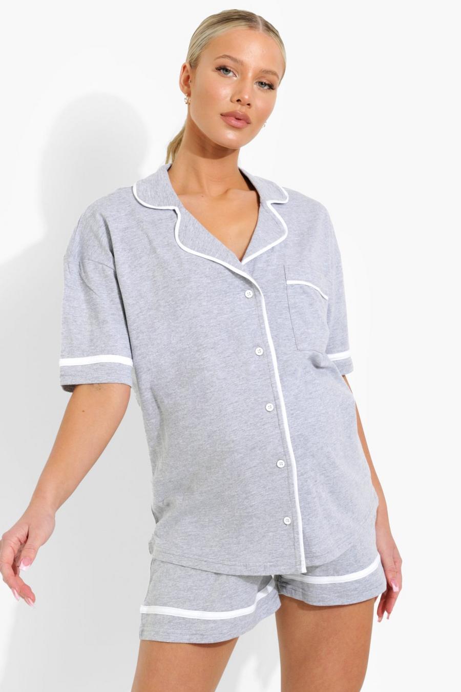 Grey Zwangerschap Jersey Pyjama Set Met Shorts En Knopen image number 1