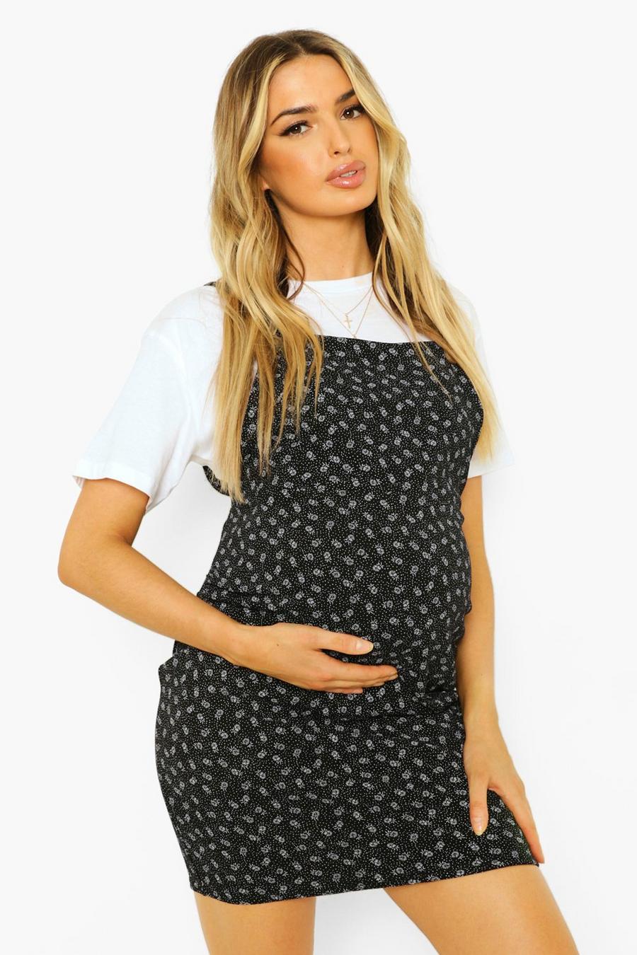 Black Maternity Ditsy Floral Pinafore Dress image number 1