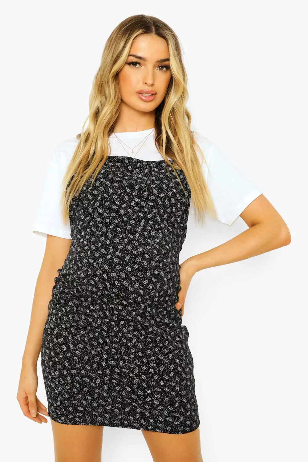 Black floral pinafore clearance dress