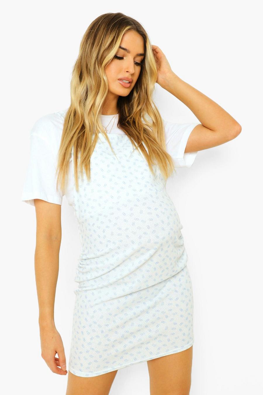 White Maternity Ditsy Floral Pinafore Dress