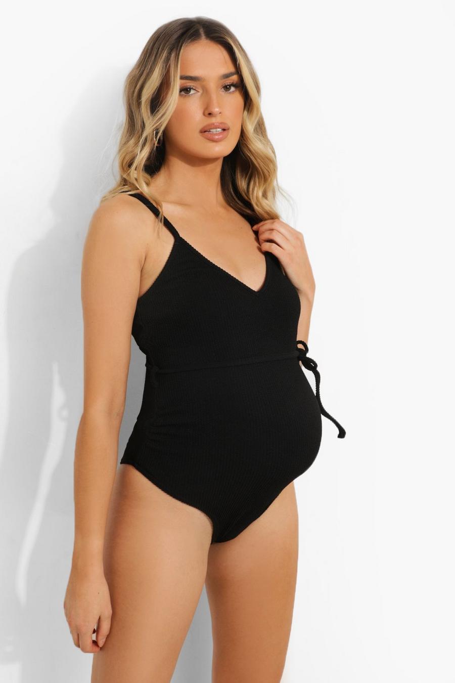 Black Maternity Crinkle Tie Waist Swimsuit image number 1