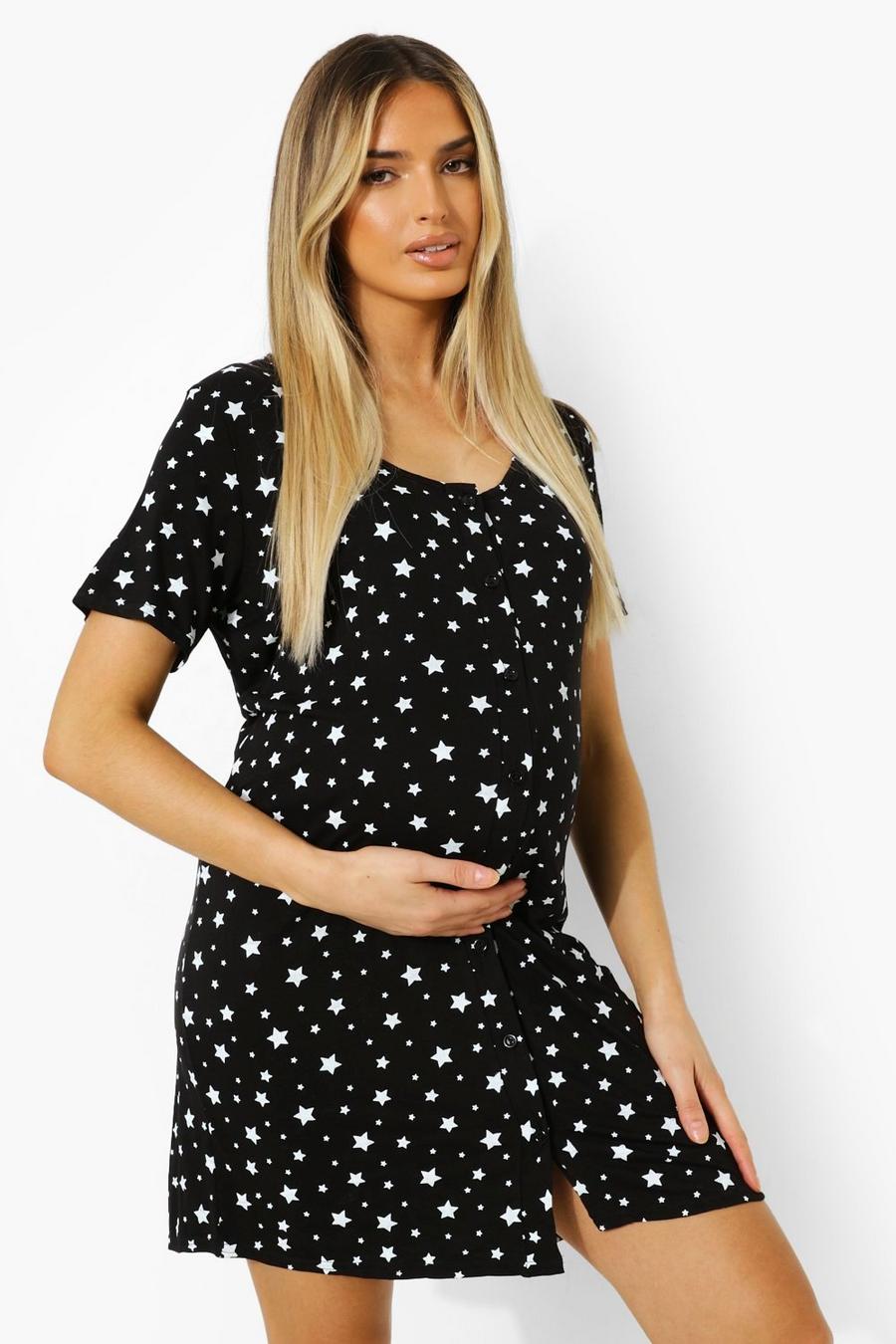 Black Maternity Button Front Star Nightgown image number 1