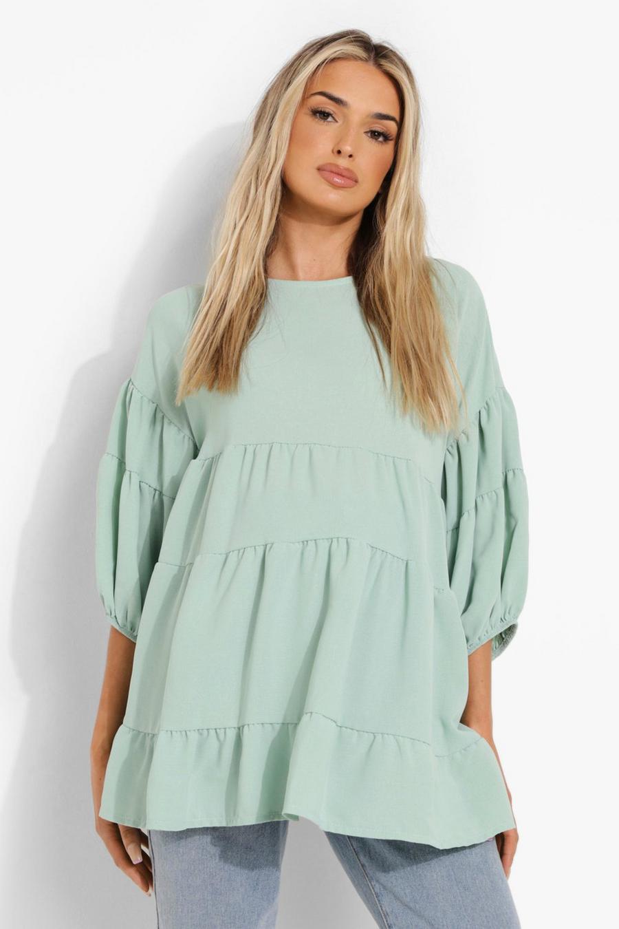 Sage Maternity Linen Tiered Smock Top image number 1