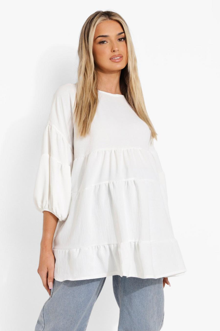 White Maternity Linen Tiered Smock Top image number 1
