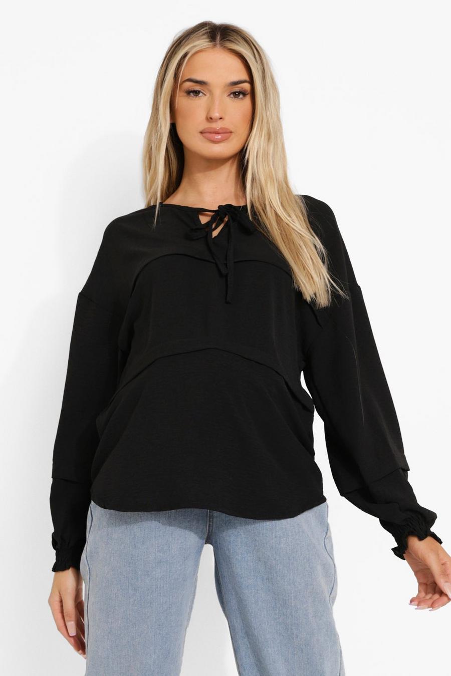 Black Maternity Linen Puff Sleeve Tie Blouse image number 1