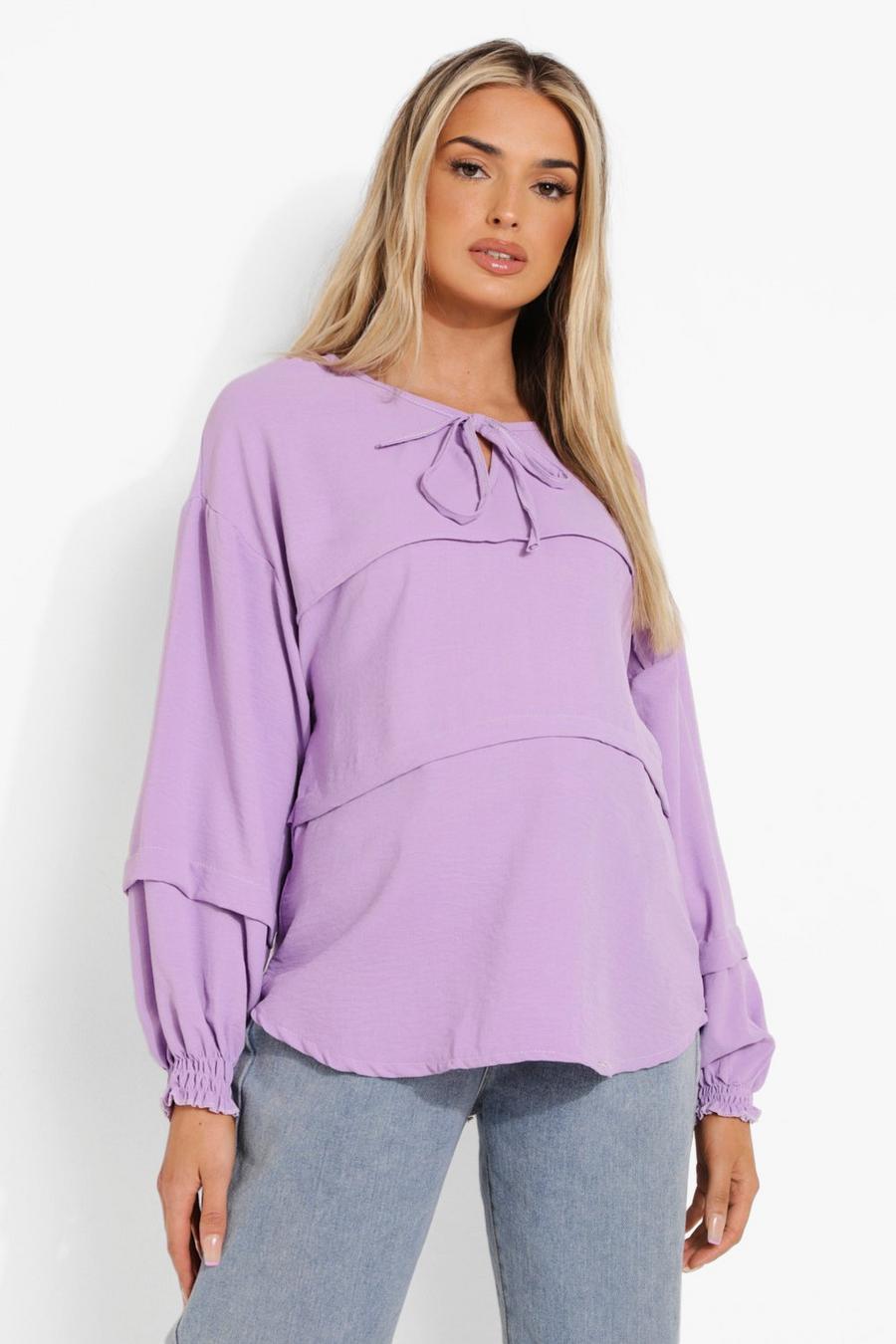 Lilac Maternity Linen Puff Sleeve Tie Blouse image number 1