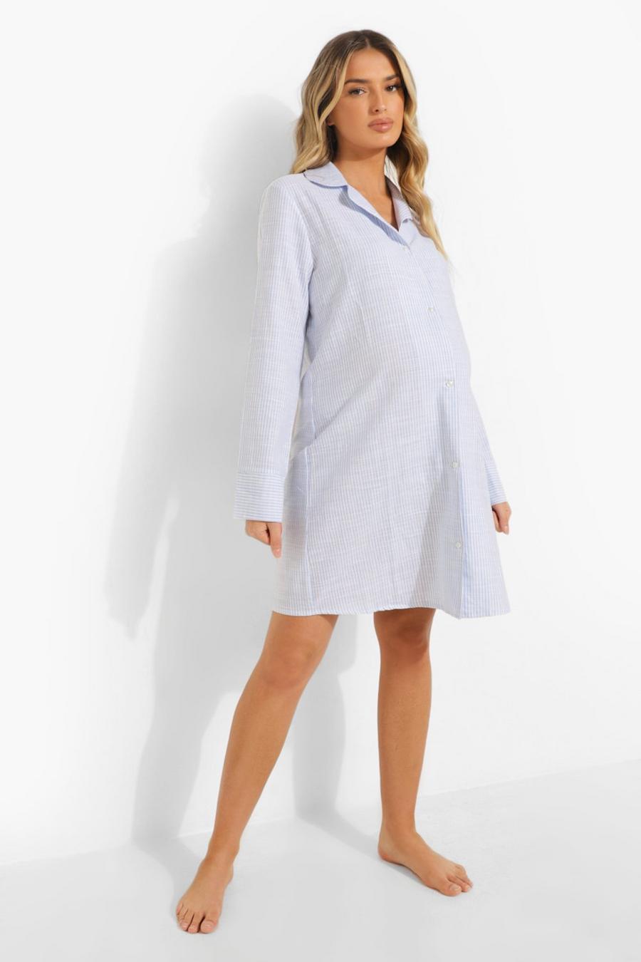 Blue Maternity Cotton Stripe Nightie image number 1
