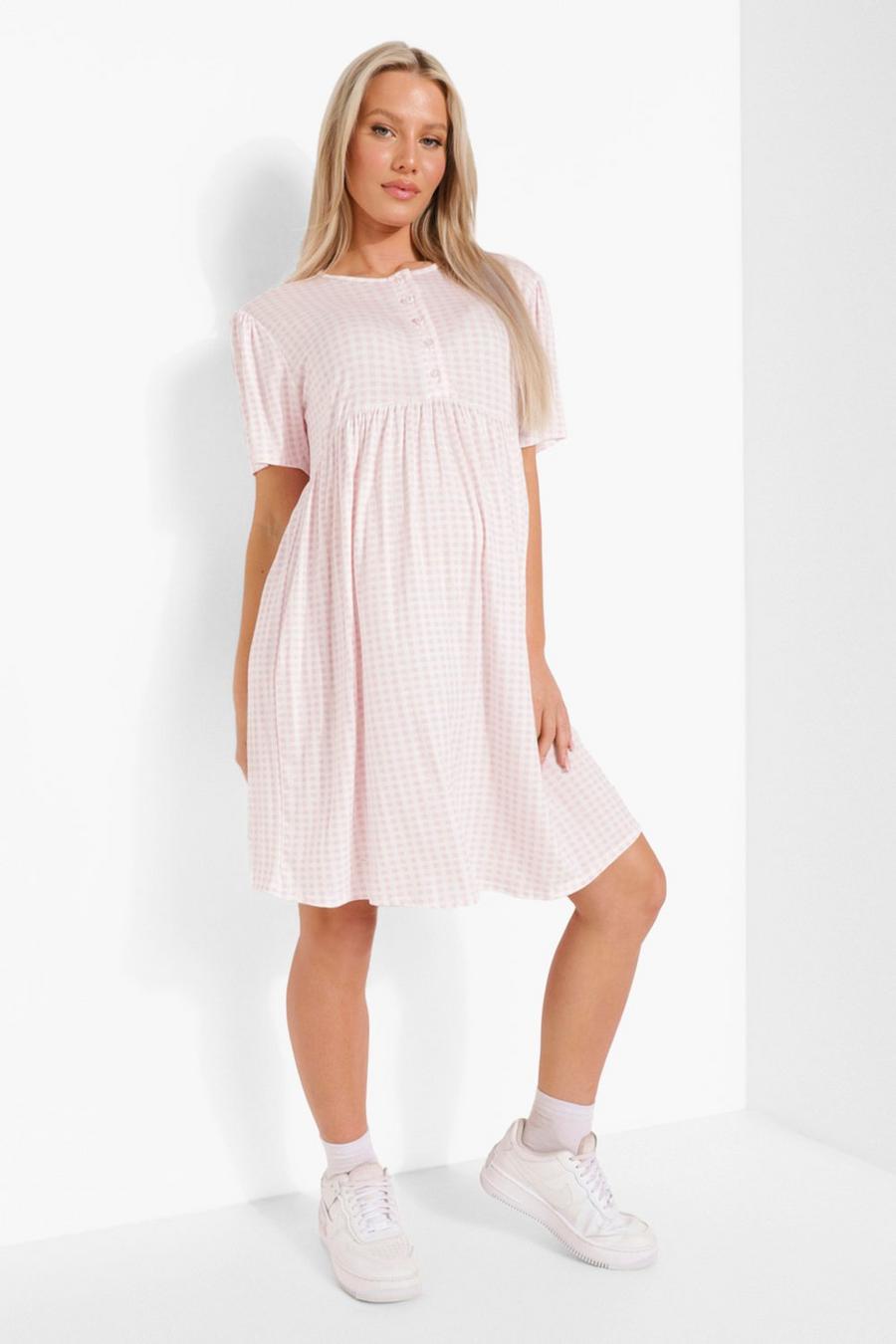 Baby pink Maternity Button Front Gingham Smock Dress image number 1