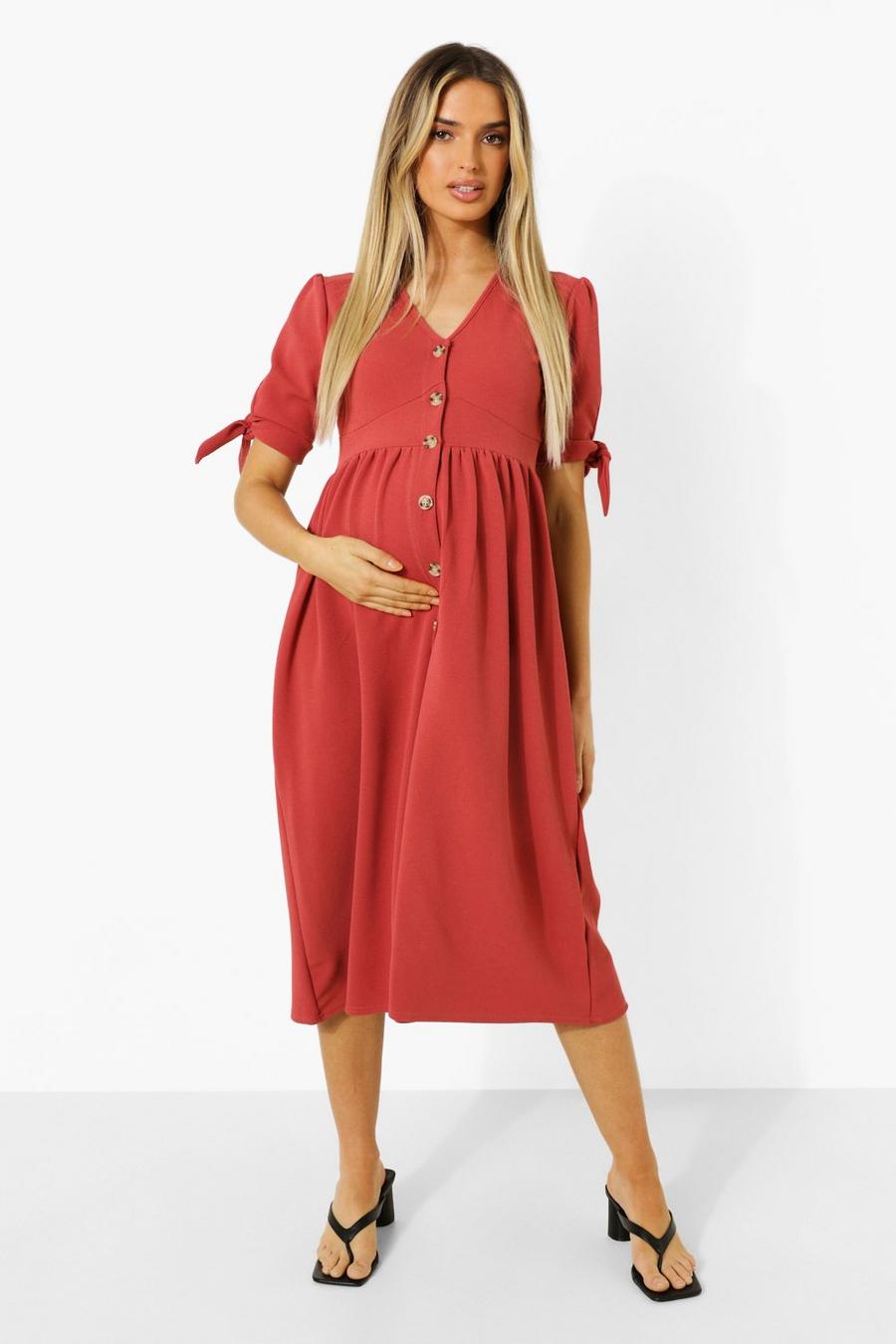 Rust Maternity Button Down Midi Dress image number 1