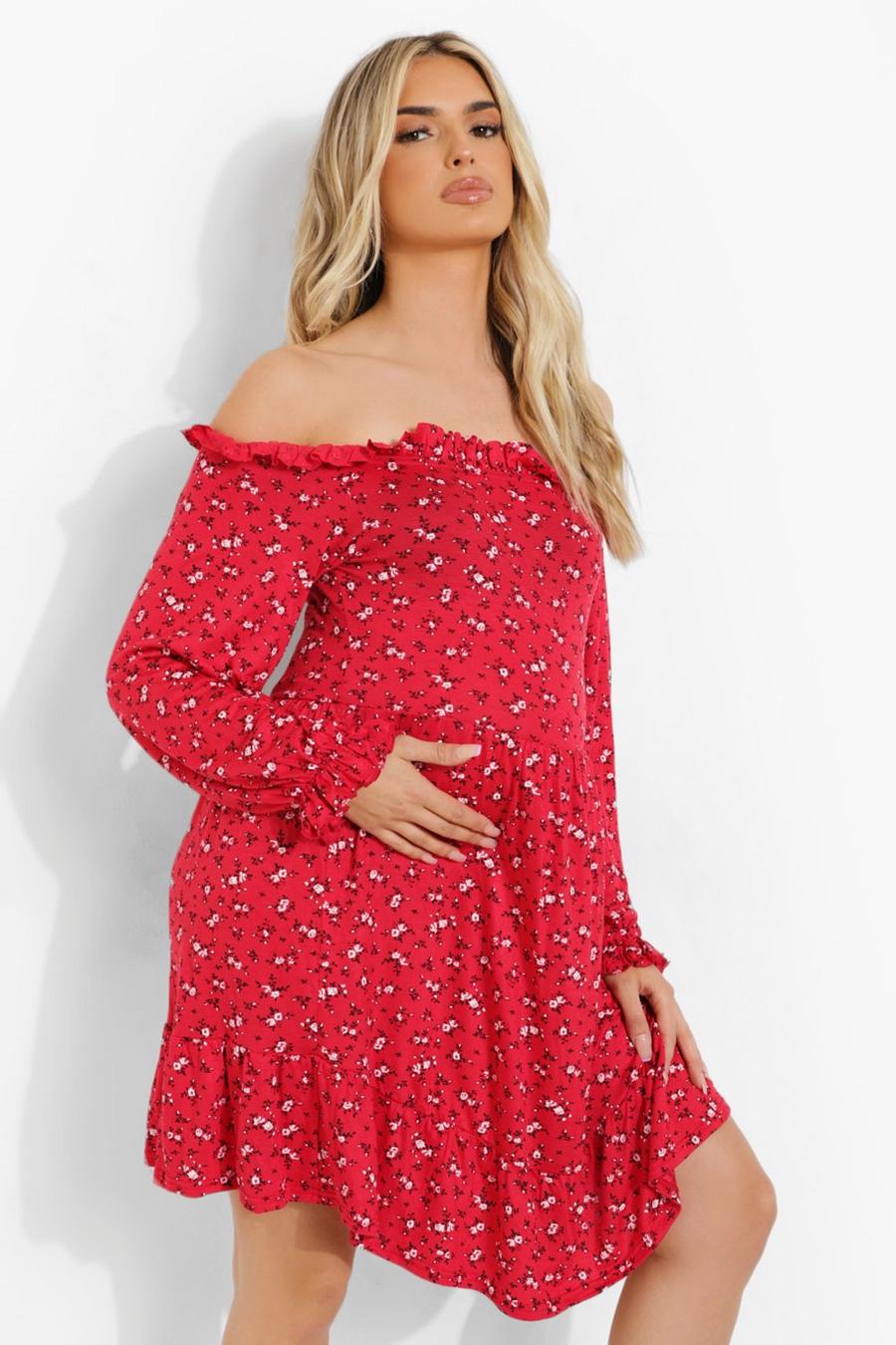 Red Maternity Floral Ruffle SmockDress image number 1