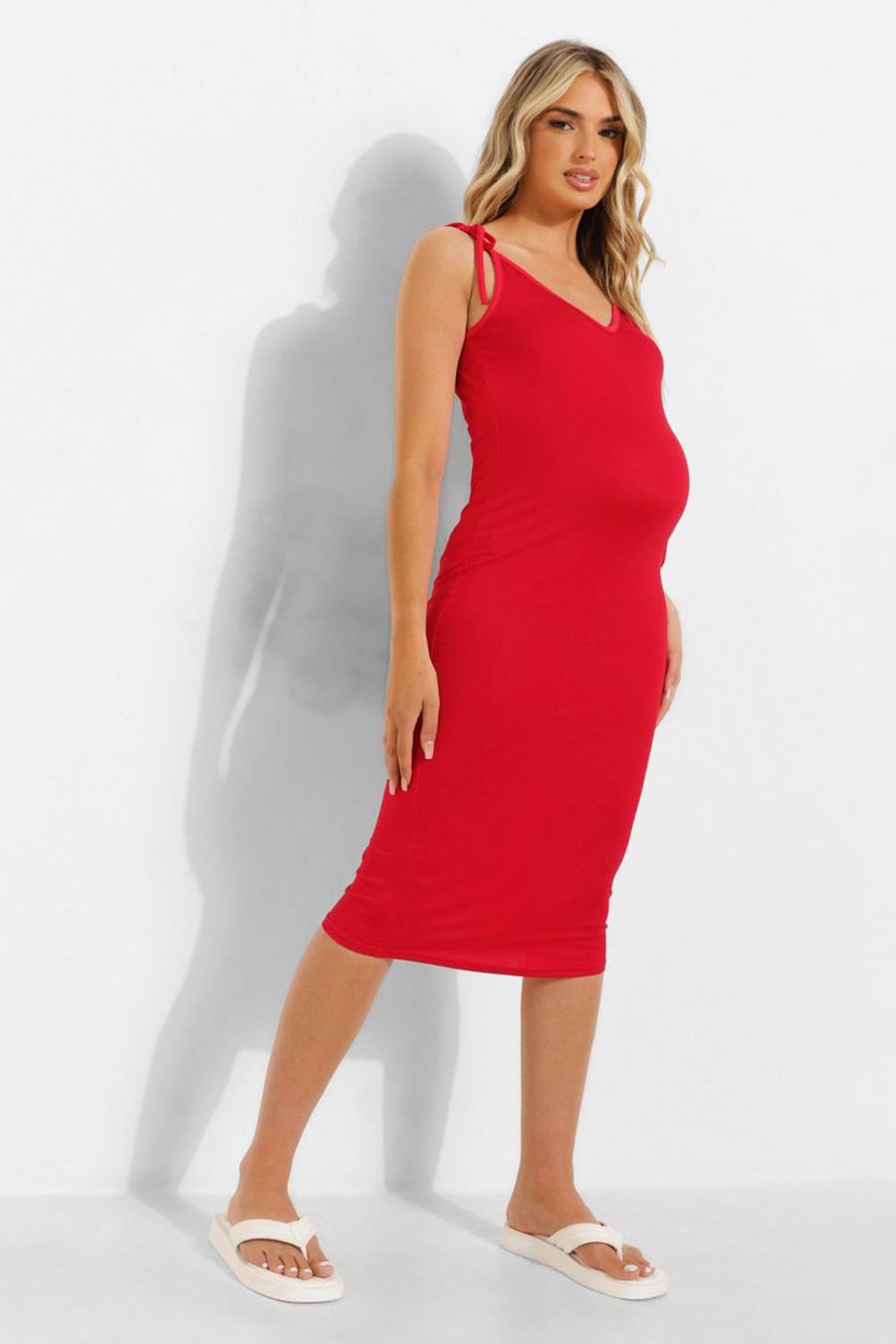 Red Maternity Tie Strap Midi Dress image number 1