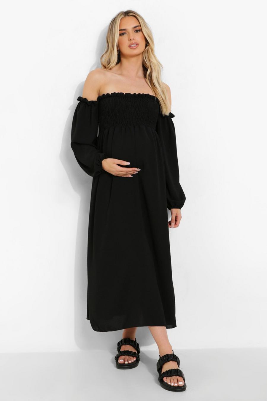 Black Maternity Linen Off The Shoulder Midi Dress image number 1