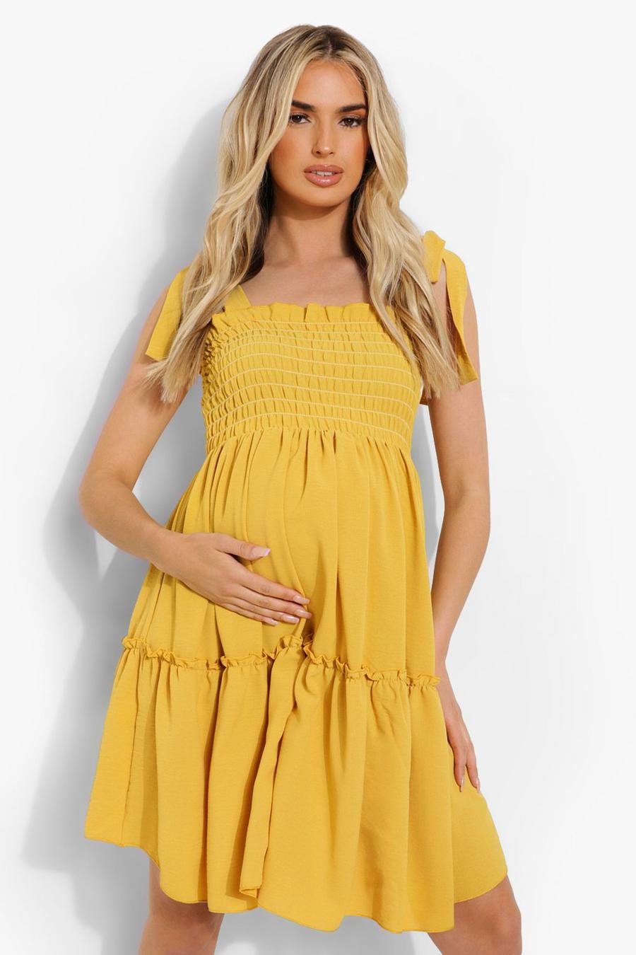 Mustard Maternity Linen Frill Shirred Smock Dress image number 1