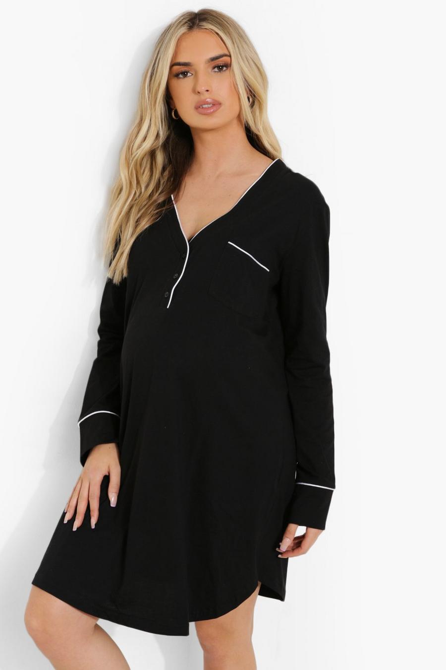 Black Maternity Contrast Pipe Detail Nightgown image number 1