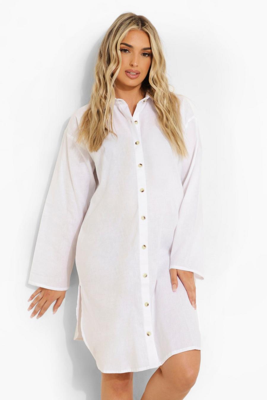 White Maternity Oversized Linen Beach Shirt Dress image number 1