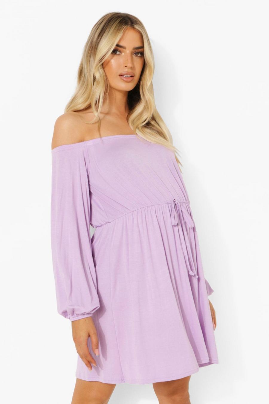 Lilac Maternity Tie Waist Off The Shoulder Dress image number 1