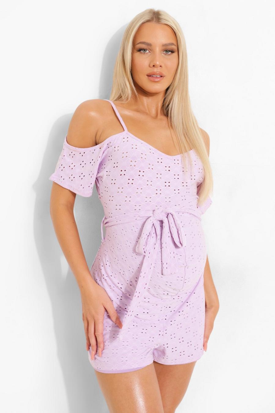 Lilac Maternity Cold Shoulder Broderie Playsuit image number 1