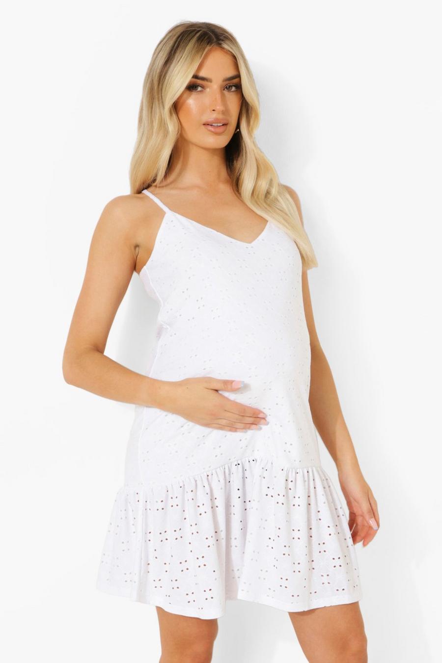 White Maternity Jersey Broderie Frill Hem Dress image number 1