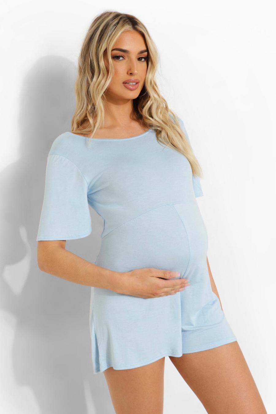 Baby blue Maternity Tie Back Cap Sleeve Romper image number 1