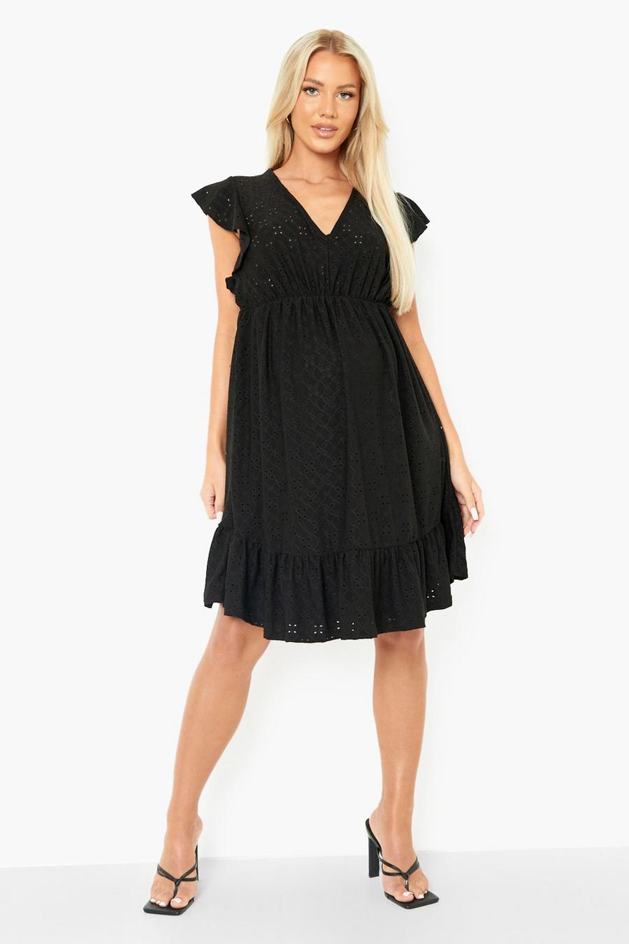 Umstandsmode Broderie Smok-Kleid aus Jersey mit Rüschen, Black image number 1