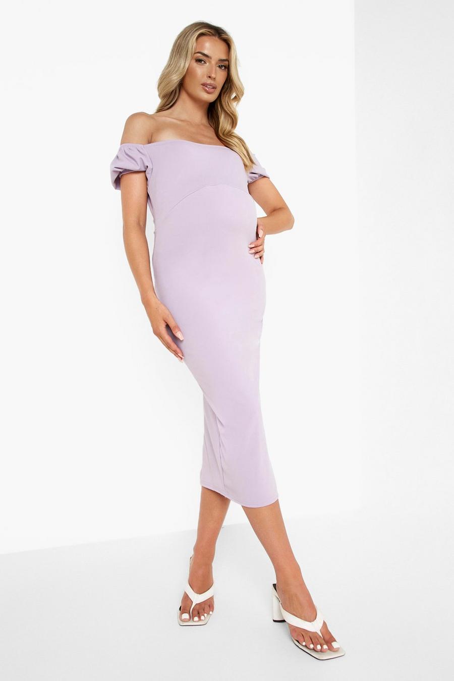 Lilac purple Maternity Puff Sleeve Off The Shoulder Dress image number 1