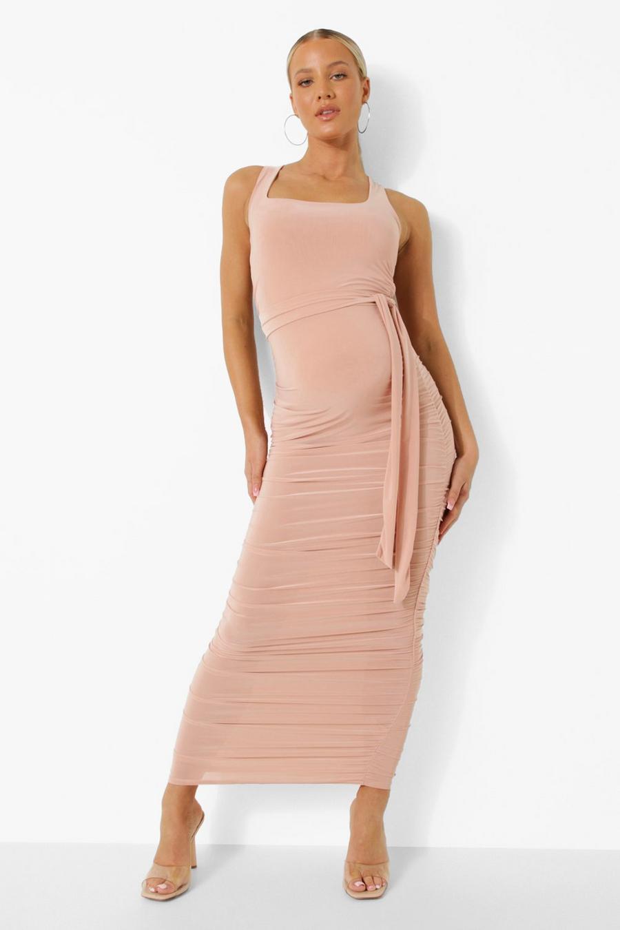 Rose Maternity Square Neck Ruched Midi Dress image number 1
