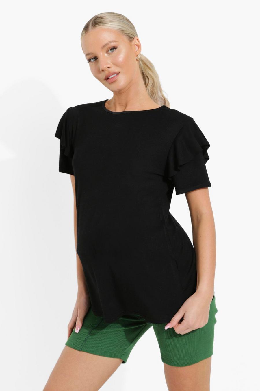 Black Maternity Ruffle Shoulder T-shirt image number 1
