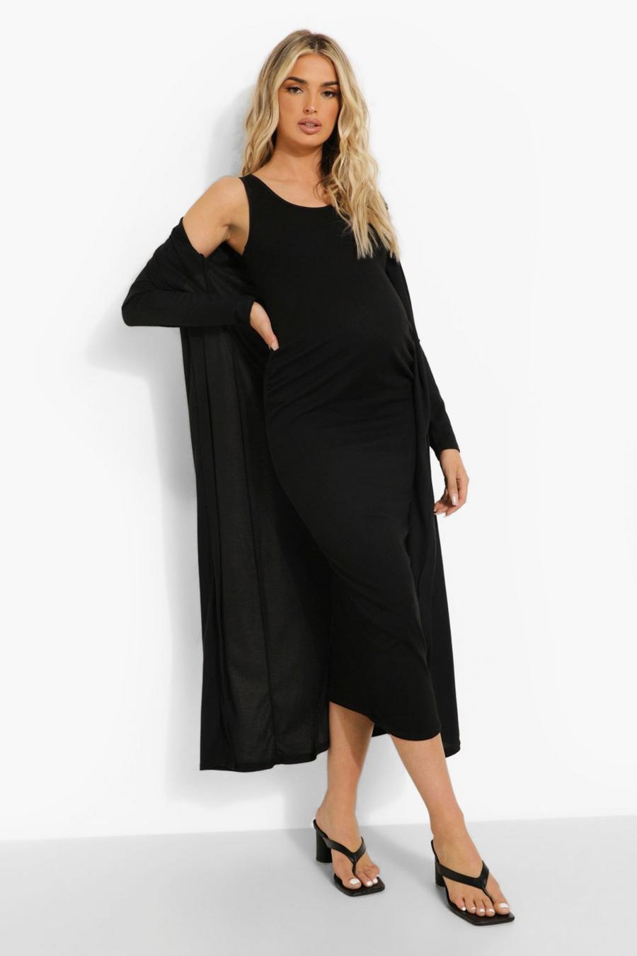 שחור שמלת מידקסי עם מחשוף עמוק ללא שרוולים ומעיל רכיבה להיריון image number 1