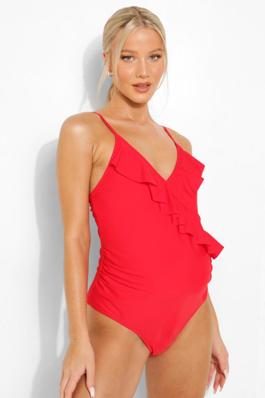 Red Maternity Frill Detail Strappy Swimsuit image number 1