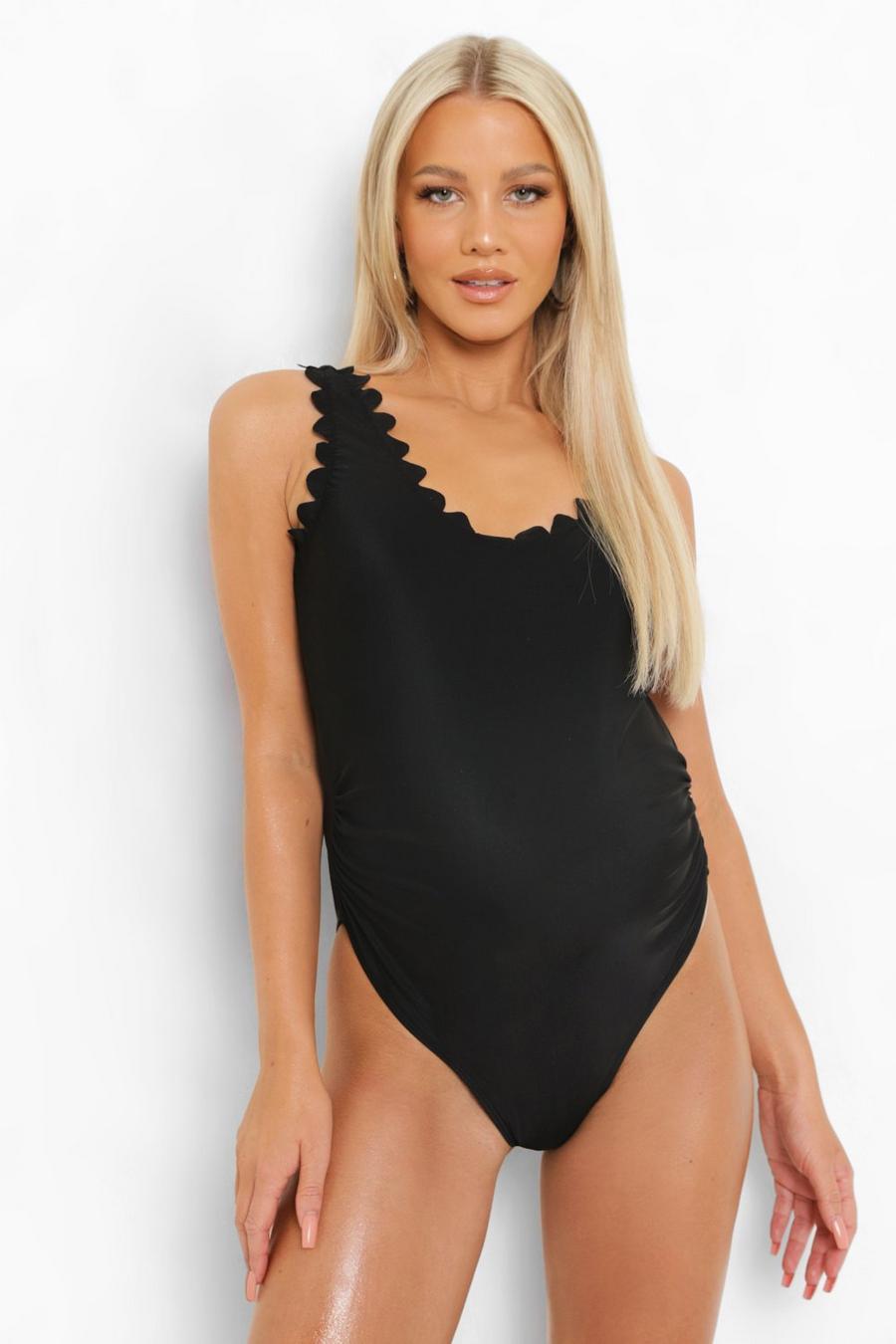Black Maternity Scallop Edge Swimsuit image number 1