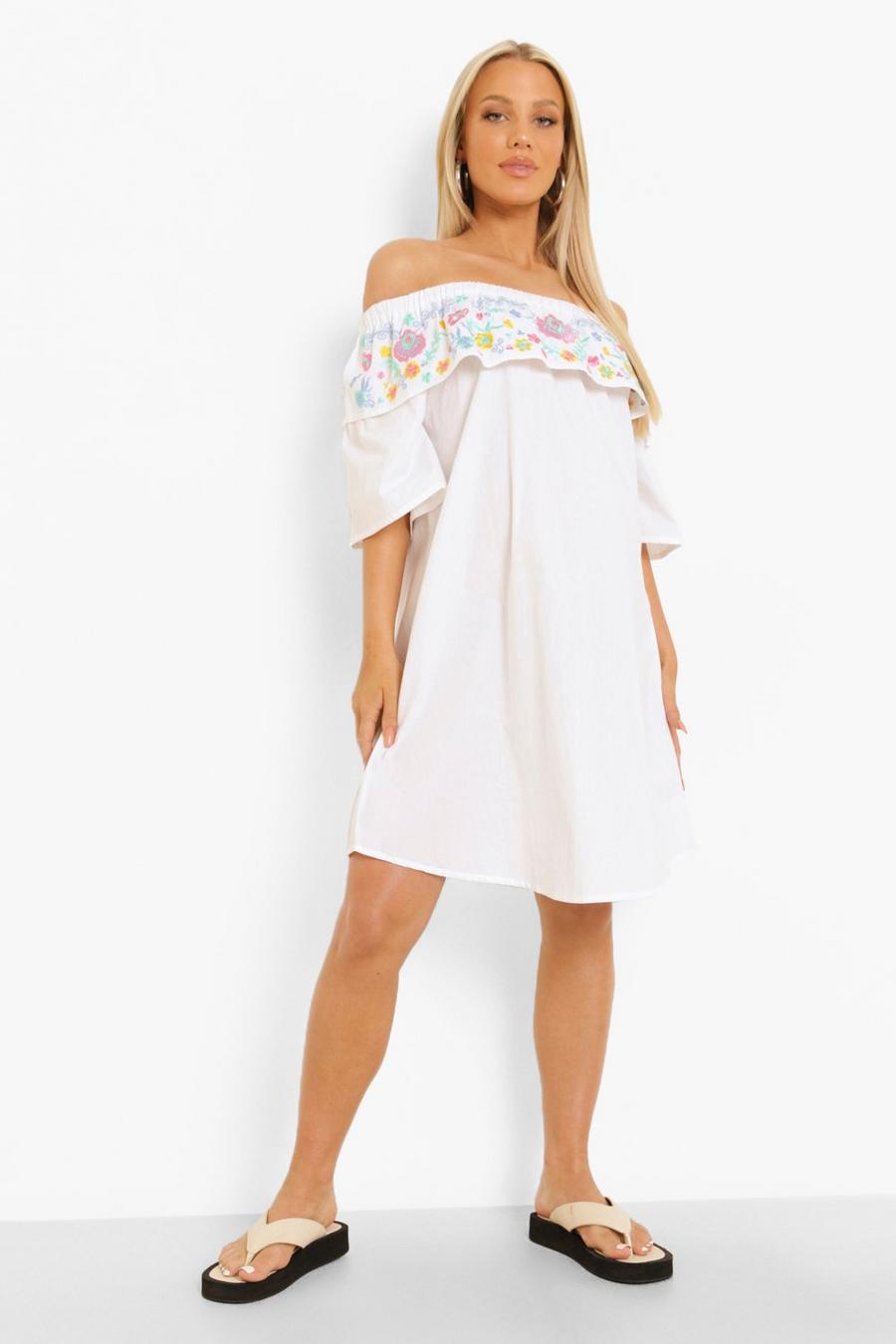 White Maternity Embroidered Off The Shoulder Shift Dress image number 1