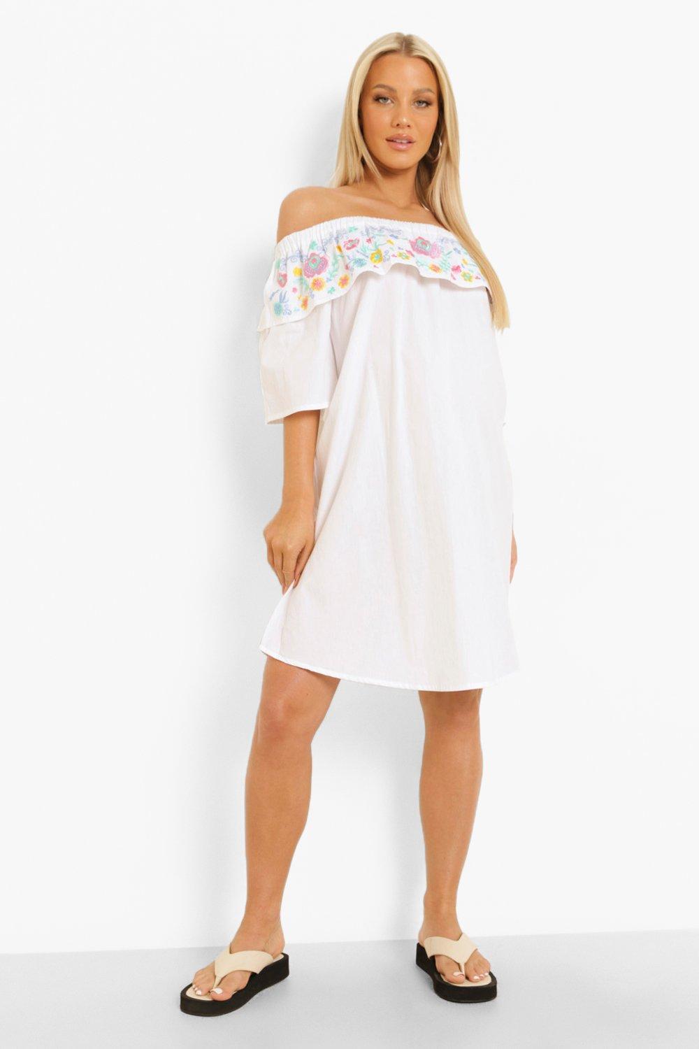 Maternity Embroidered Bardot Shift Dress boohoo IE