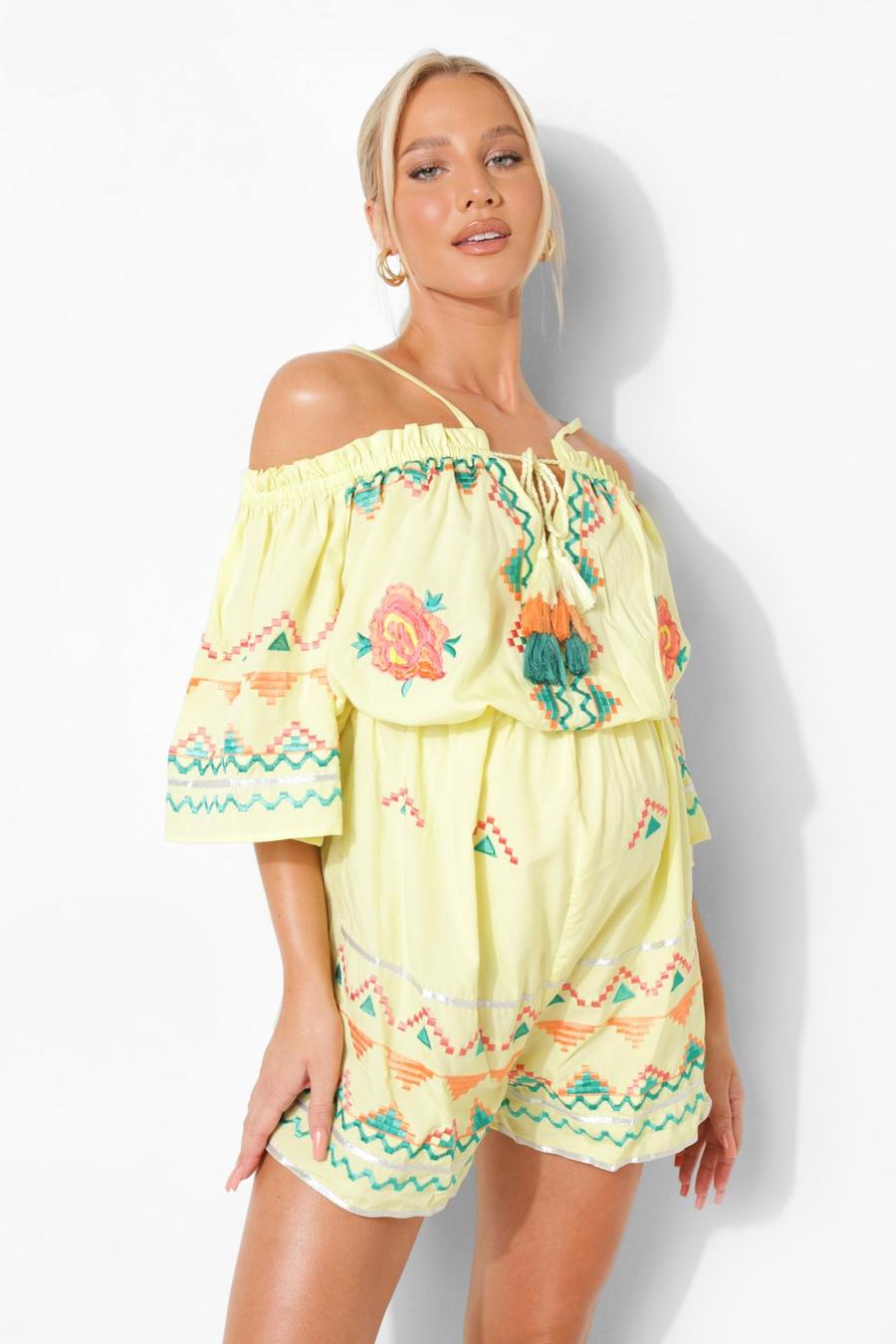 Yellow jaune Maternity Embroidered Tie Flippy Playsuit