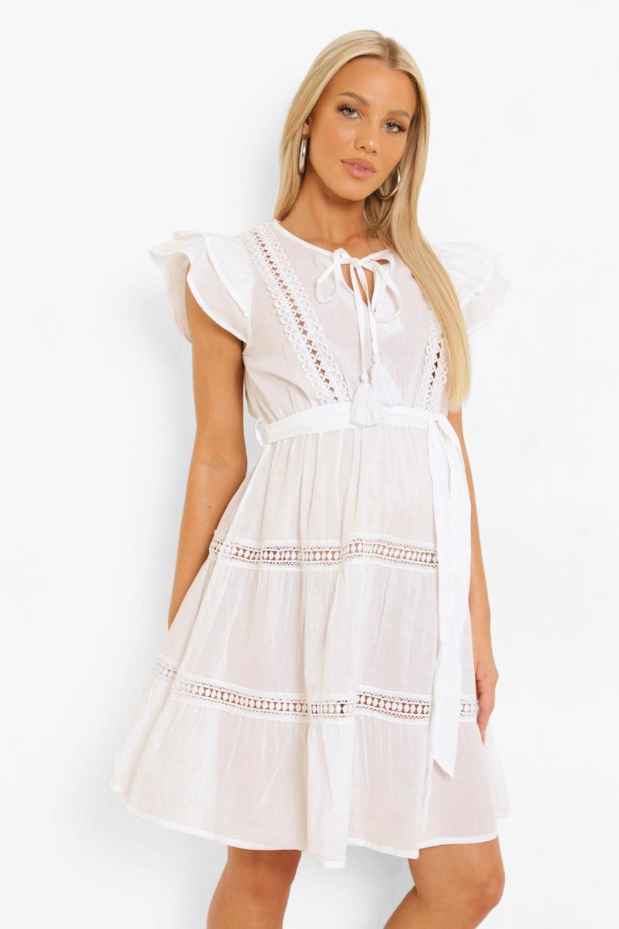White Maternity Lace Detail Tiered Skater Dress image number 1