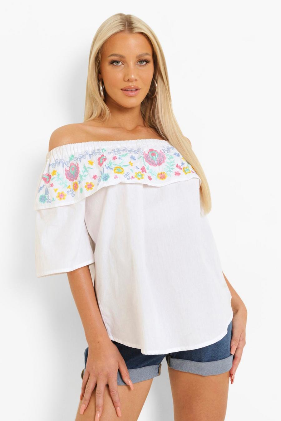 White Maternity Embroidered Cotton Bardot Top image number 1