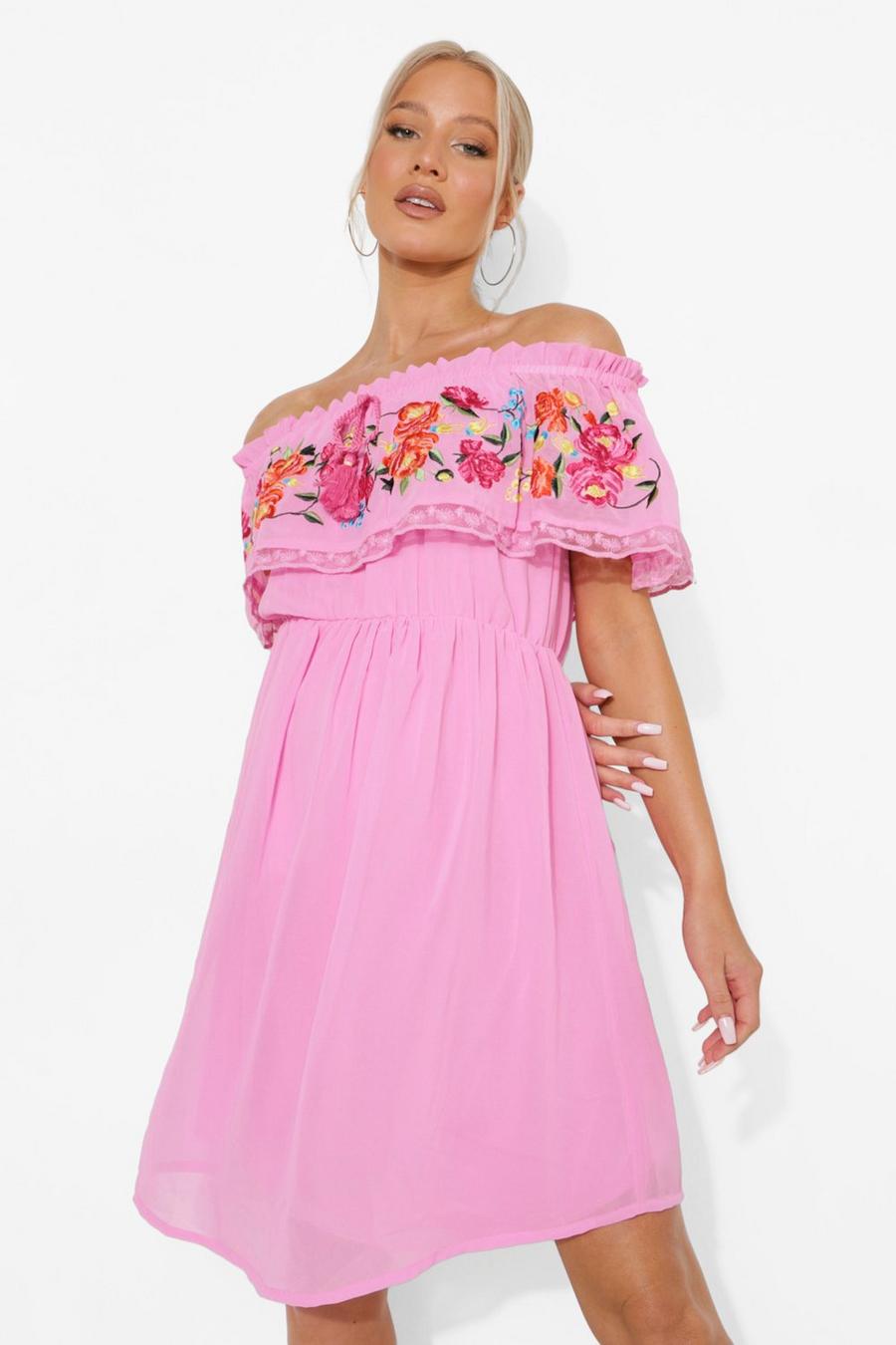 Pink Maternity Embroidered Bardot Dress image number 1