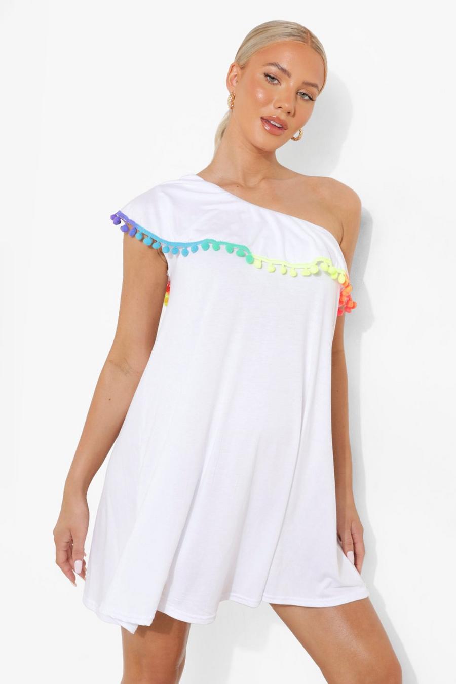 לבן שמלת שיפט one shoulder עם פונפונים להיריון image number 1