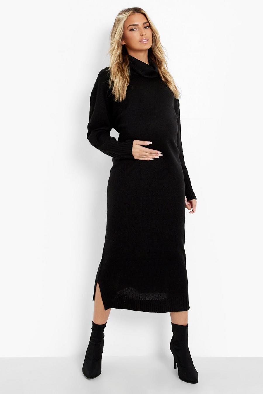 Black Maternity Cowl Neck Midi Knitted Dress image number 1