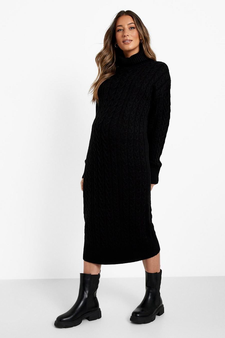 Black Maternity Cable Knit Roll Neck Midi Dress image number 1