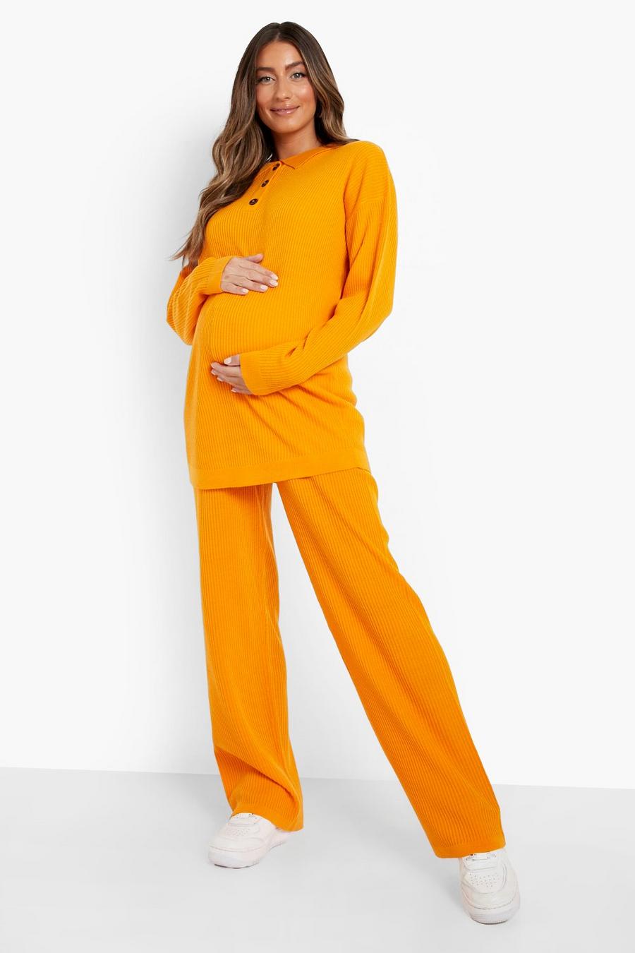 Amber orange Zwangerschap Gebreide Blouse En Wide Leg Broek Set