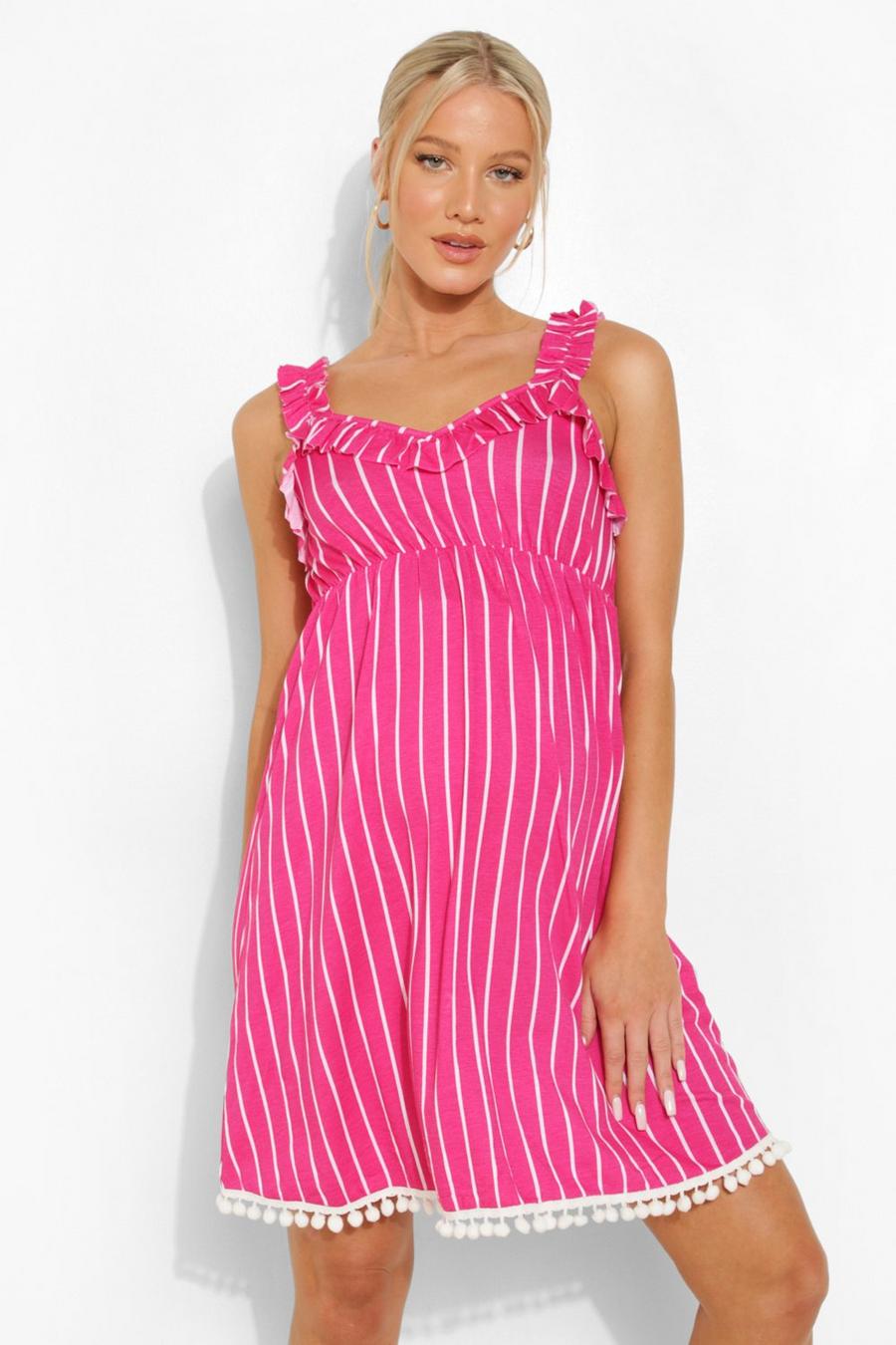 Pink Maternity Stripe Pom Pom Smock Dress image number 1