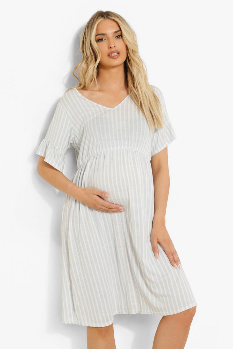 Blue Maternity Stripe V Neck Tea Dress image number 1