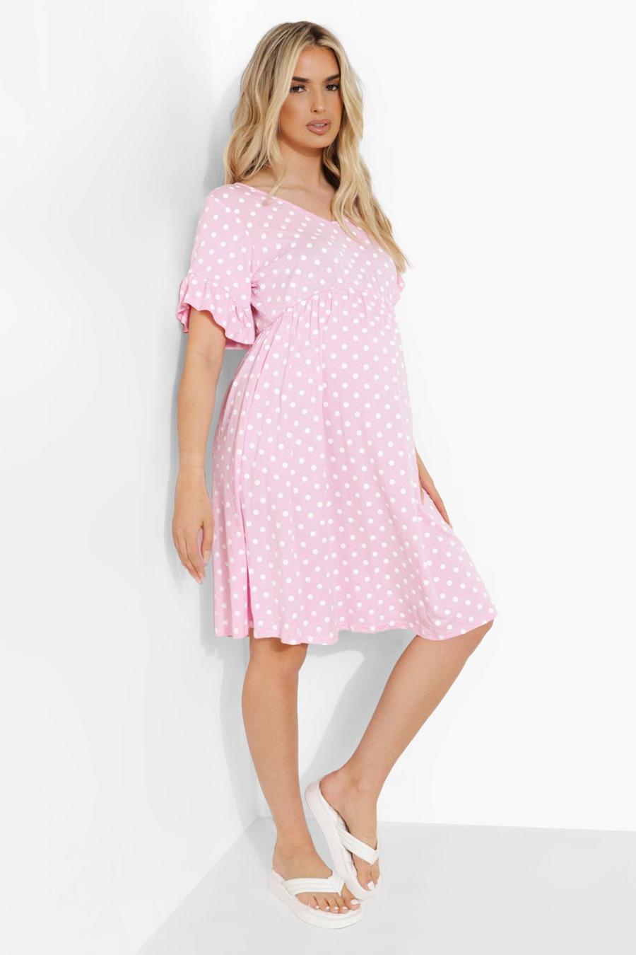 Umstandsmode gepunktetes Smok-Kleid mit V-Ausschnitt, Baby pink image number 1