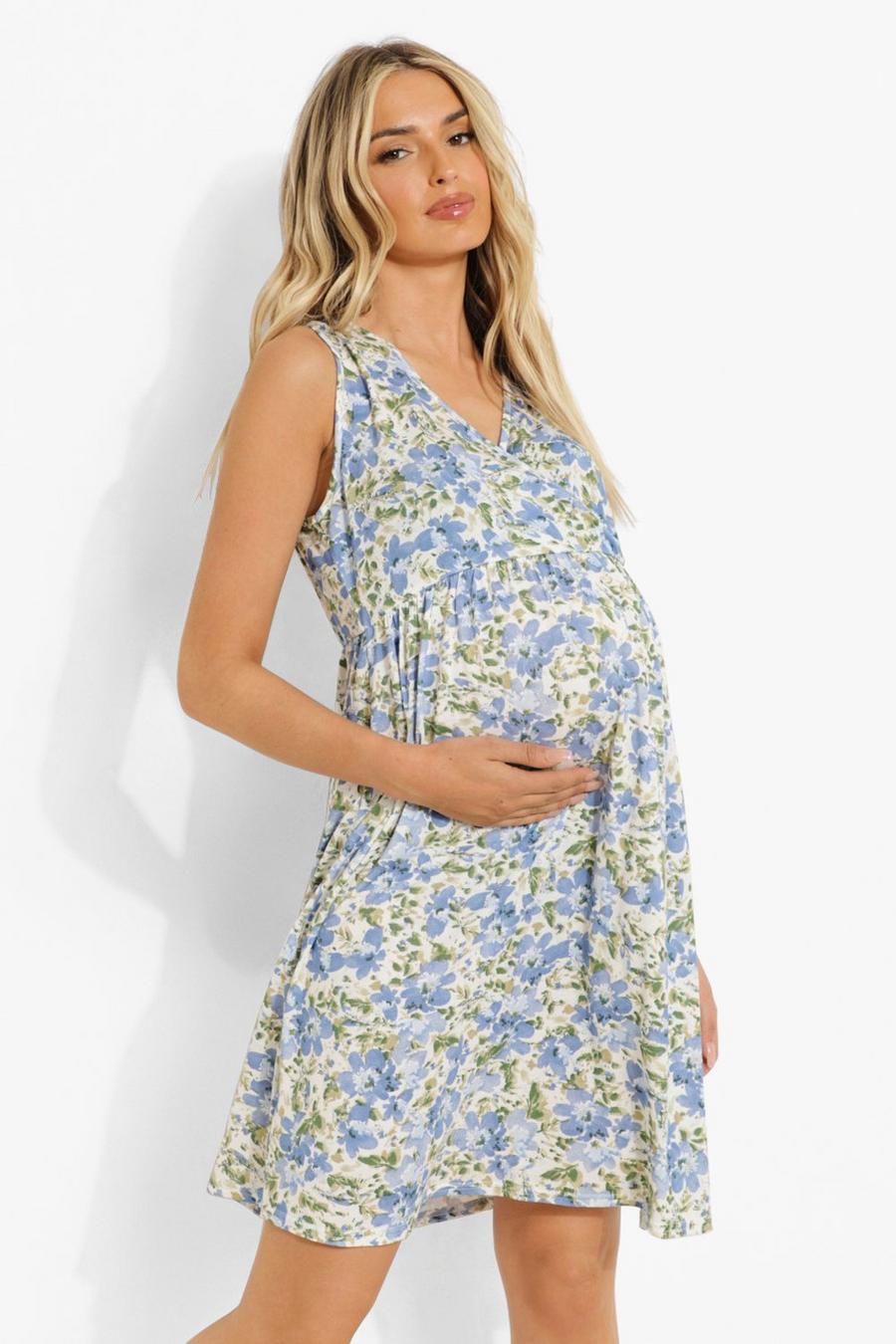 Blue Maternity Floral Wrap Front Smock Dress image number 1
